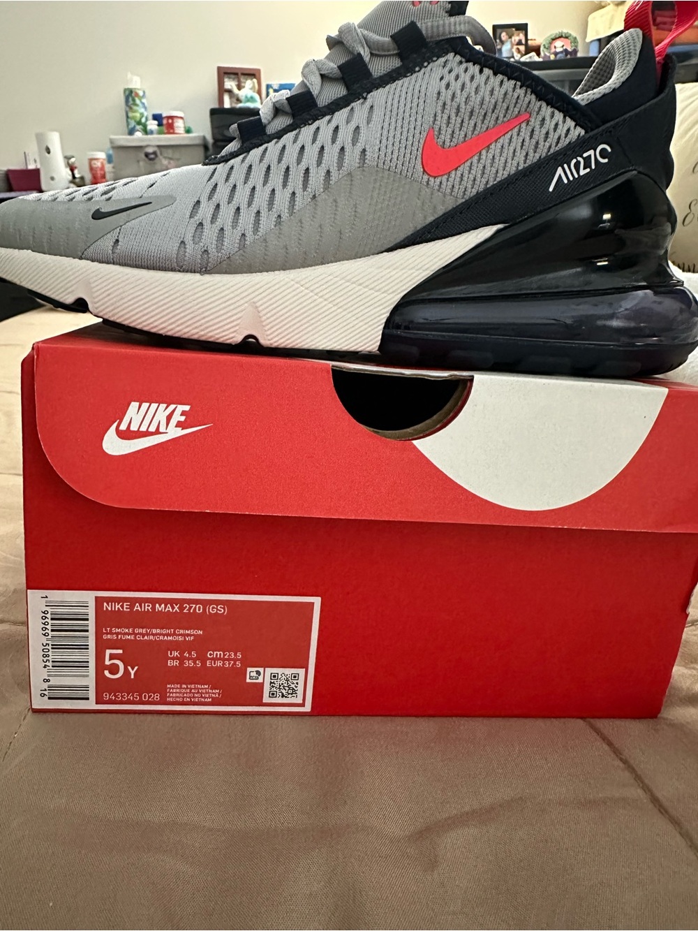 Nike Air Max 270 Youth Sneakers - Gray with Red Swoosh